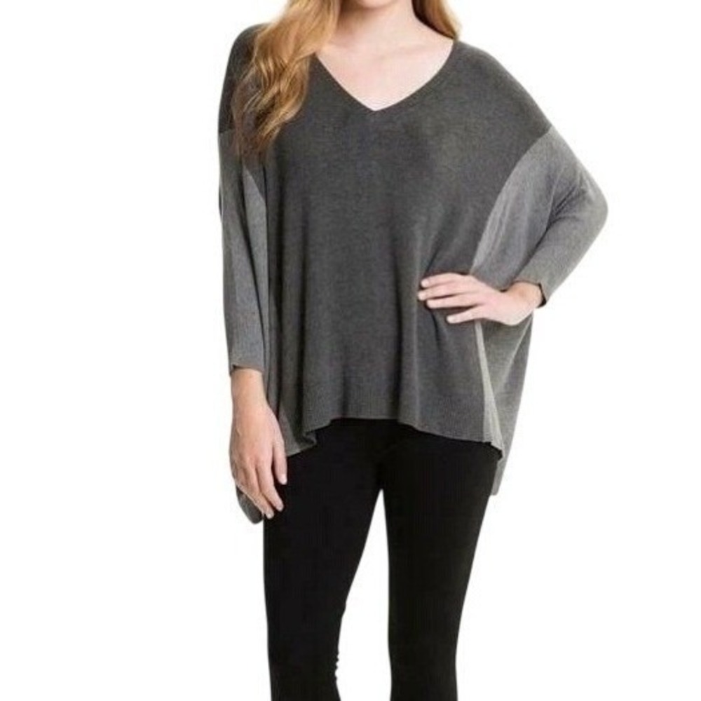 Eileen Fisher‎ Petite PS V-Neck Colorblock Sweater Black Grey Italian Yarn Knit